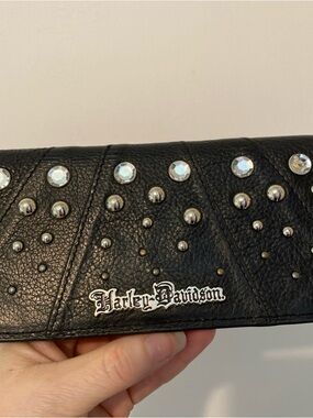 Harley-Davidson Black Rhinestone Embellishment Genuine Leather Wallet